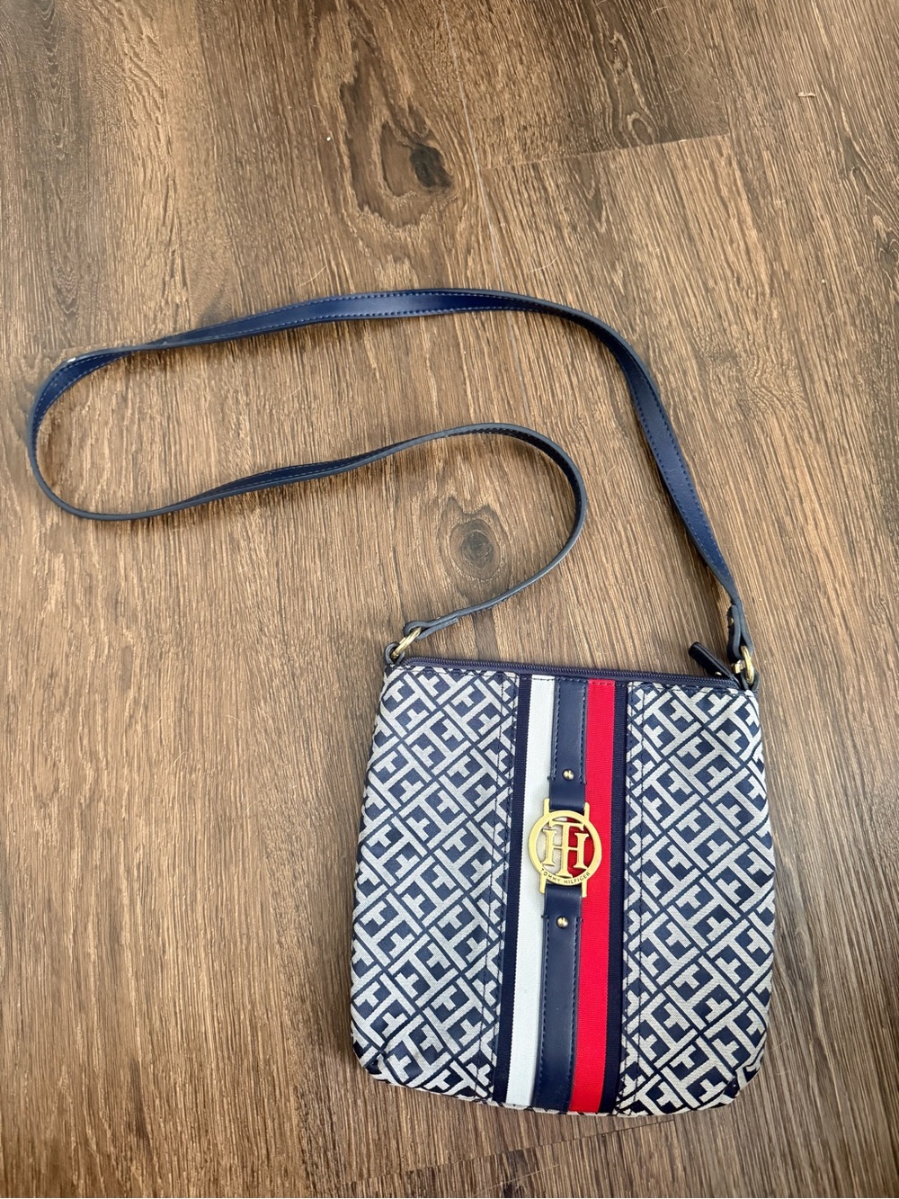 Tommy Hilfiger Navy Crossbody with Red & White Stripe and Gold Logo